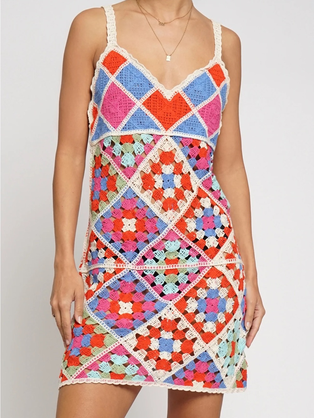 Sans Souci Crochet Patchwork Colorful Mini Dress Swim Coverup Summer Vacation LG
